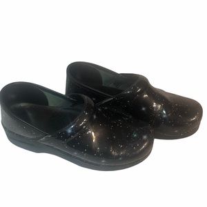 Dansko Black Glitter Patent Clogs